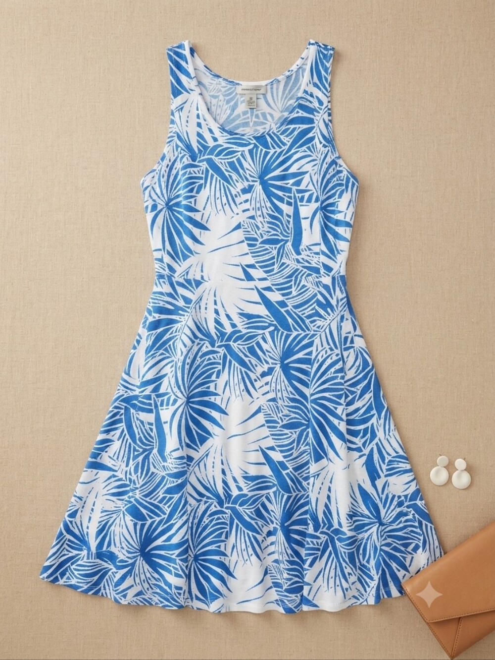 West Loop Tropical Palm Print A-Line Dress Royal Blue White XL